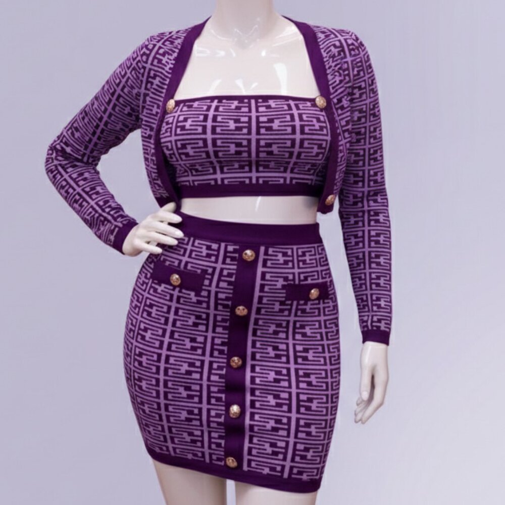 Kimcine Curve Women's 3 Piece Knit set (SIZE M) Cardigan, bandage top, & skirt